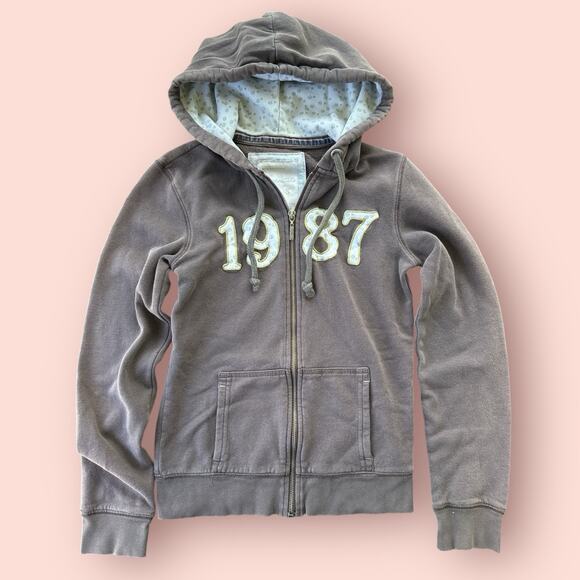 Y2k AEROPOSTALE BROWN HOODIE Small 1987 Logo Slim Fit Full Zip Up Sweatshirt - Picture 1 of 5